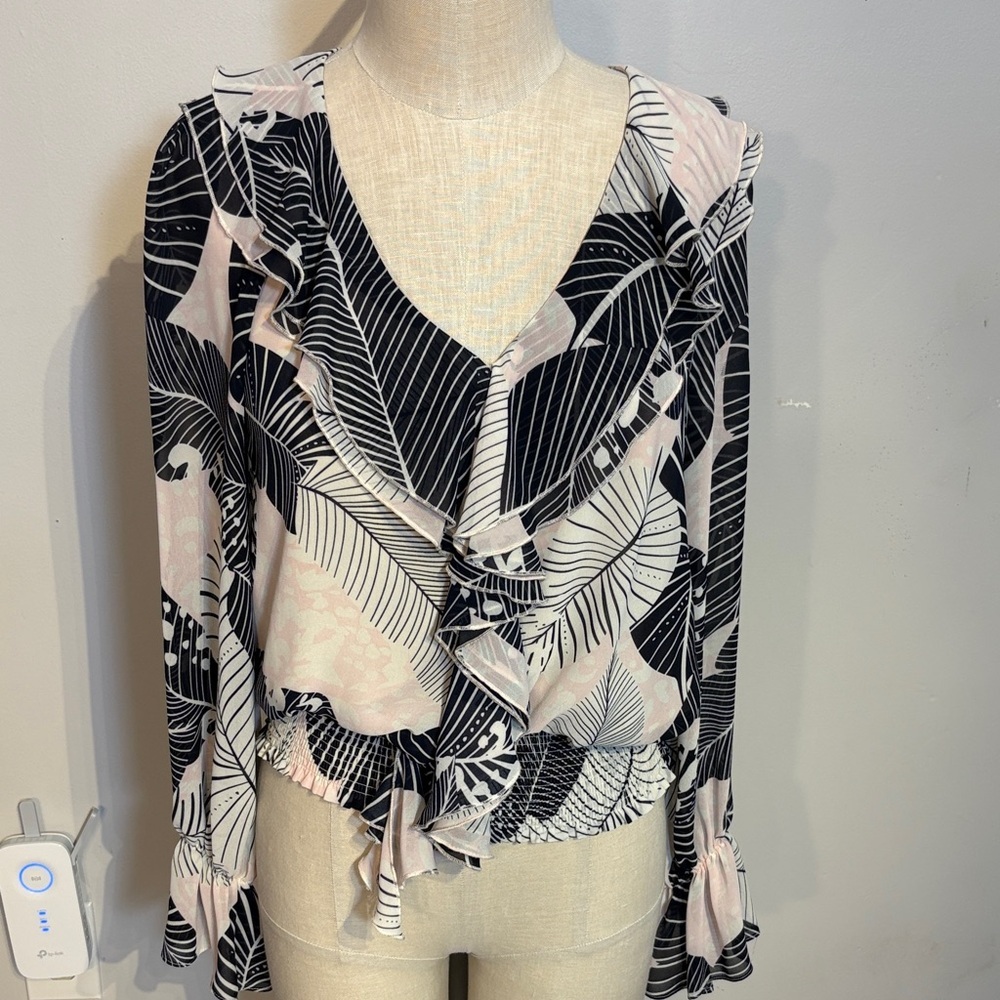 Black and Pink Leaf Print Ruffle front Women's Blouse